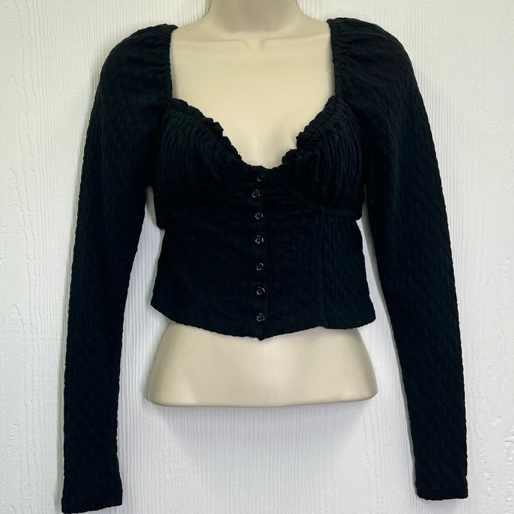 Free People - Lady Bug Black Sweetheart Neck Long Sleeve Crop Blouse Size XS
